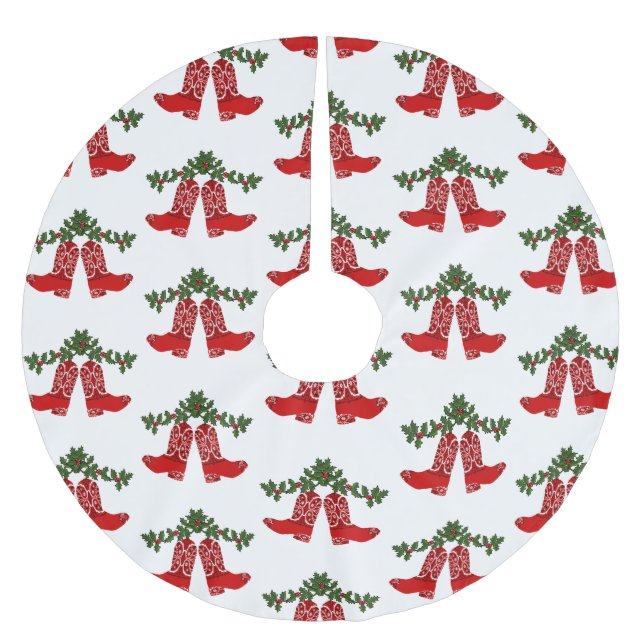 Red Bandana Print Cowboy Boots With Garland Brushed Polyester Tree Skirt (Front)