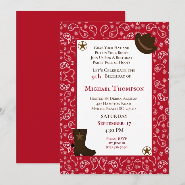 Red Bandana Western Cowboy Birthday Invitation (Front/Back)