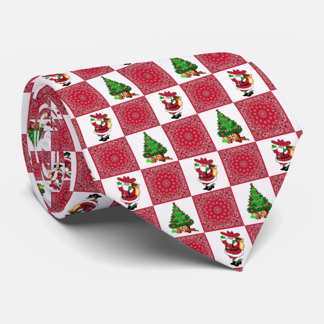 Red Bandana With Cowboy Santa Holiday Necktie (Rolled)