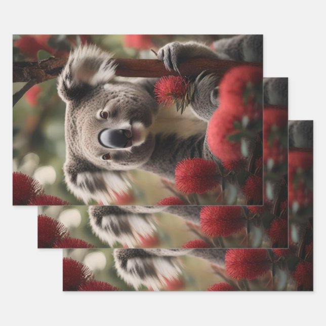 Red Banksia Tree With Koala Bear, Wrapping Paper Sheet (Set)