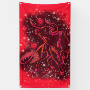 Red Banner Bull Running At Starry Night