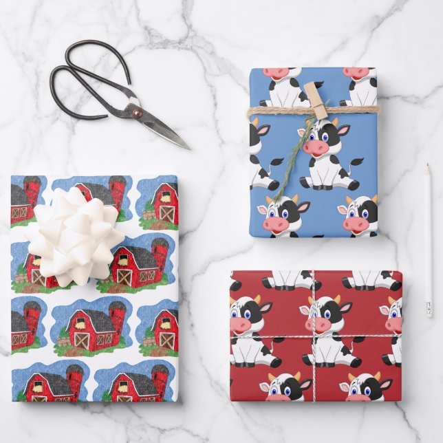 Red Barn and Cow Wrapping Paper Set (Front)