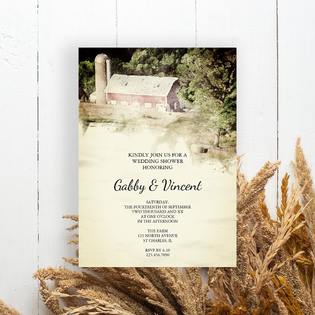 Red Barn and Silo Farm Watercolor Wedding Shower Invitation (Creator Uploaded)