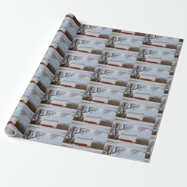 Red Barn and Snow  Wrapping Paper (Unrolled)