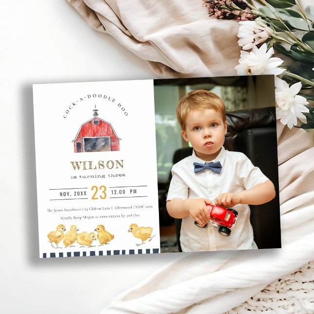 Red Barn Chicks Watercolor Photo Birthday Invite (Creator Uploaded)
