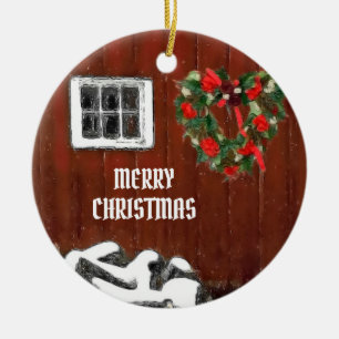 Red Barn Christmas Ceramic Ornament