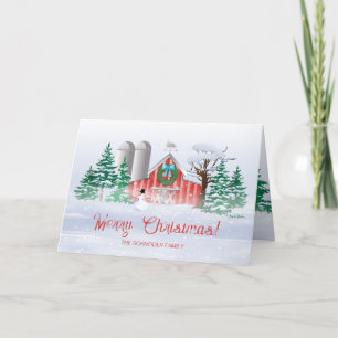 Red Barn Christmas Wreath Snowman Holiday Card