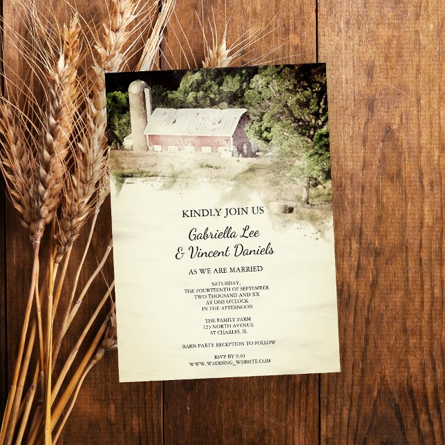 Red Barn Country Farm Wedding Watercolor Invitation (Creator Uploaded)