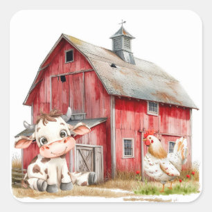 Red Barn Cute Cow and Chicken Boy Birthday Party Square Sticker