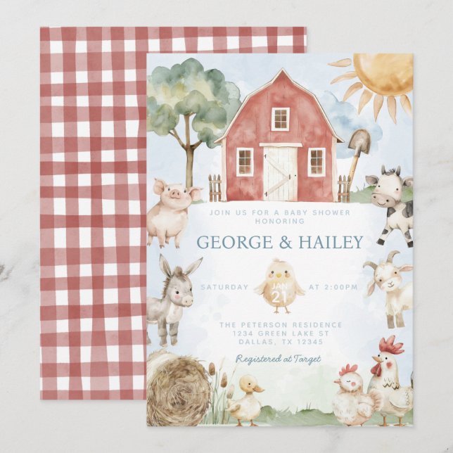 Red Barn Farm Animal Baby Shower Invitation (Front/Back)