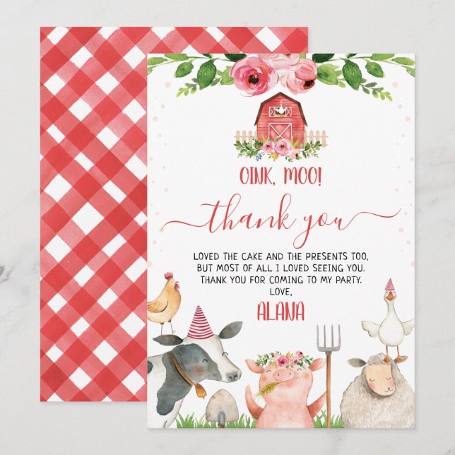 Red Barn Farm Animals Birthday Thank You Card (Front/Back)