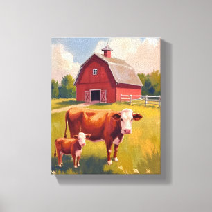 Red Barn Farm Animals Cow Painting Canvas Print