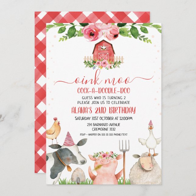 Red Barn Farm Animals Foliage Birthday Invitation (Front/Back)