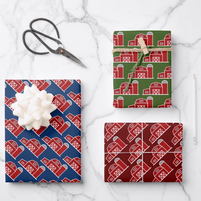 Red barn farm house and silo custom Christmas Wrapping Paper Sheet (Front)
