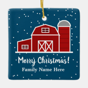 Red barn farm house in snow custom Christmas Ceramic Ornament