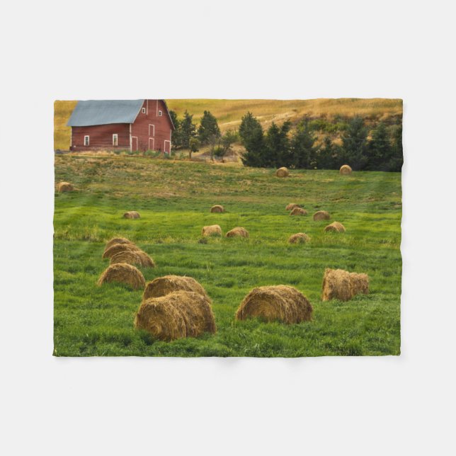 Red Barn, hay bales, Albion, Palouse Area 2 Fleece Blanket (Front (Horizontal))