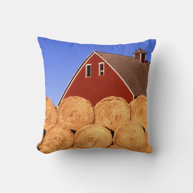 Red Barn Hay Bales Farm Throw Pillow (Front)