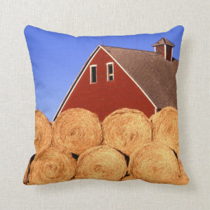 Red Barn Hay Bales Farm Throw Pillow