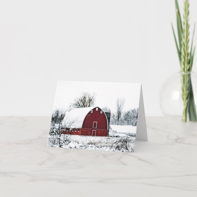 Red barn in a snowstorm note card (Front)