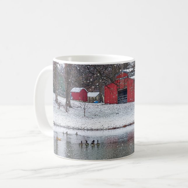 Red Barn In Snow Painterly Coffee Mug (Front Left)