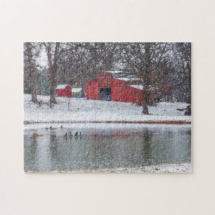 Red Barn In Snow Painterly Jigsaw Puzzle