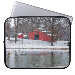 Red Barn In Snow Painterly Laptop Sleeve