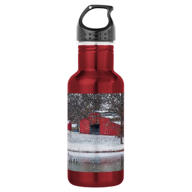Red Barn In Snow Painterly Stainless Steel Water B 532 Ml Water Bottle (Front)