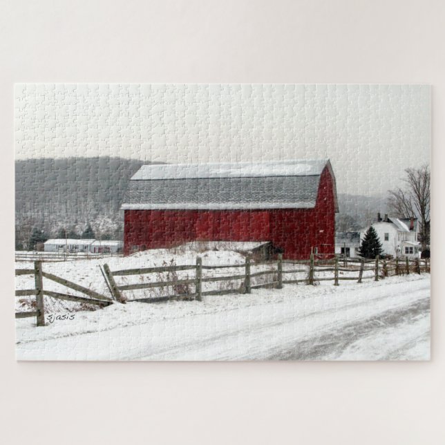 Red Barn in Snow Scenic Puzzle (Horizontal)