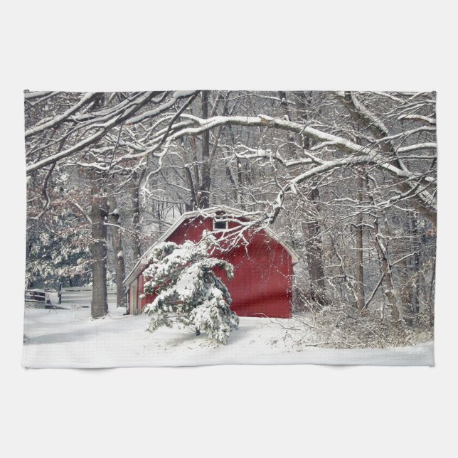 Red Barn in the Snow 2011 Kitchen Towel (Horizontal)