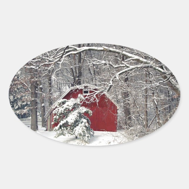 Red Barn in the Snow 2011 Oval Sticker (Front)