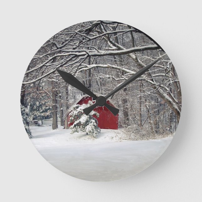 Red Barn in the Snow 2011 Round Clock (Front)