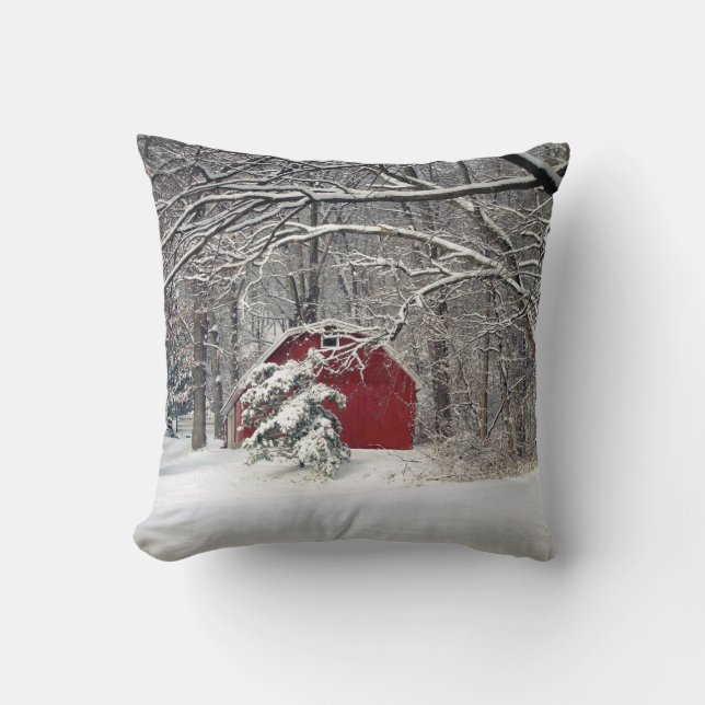 Red Barn in the Snow 2011 Throw Pillow (Front)