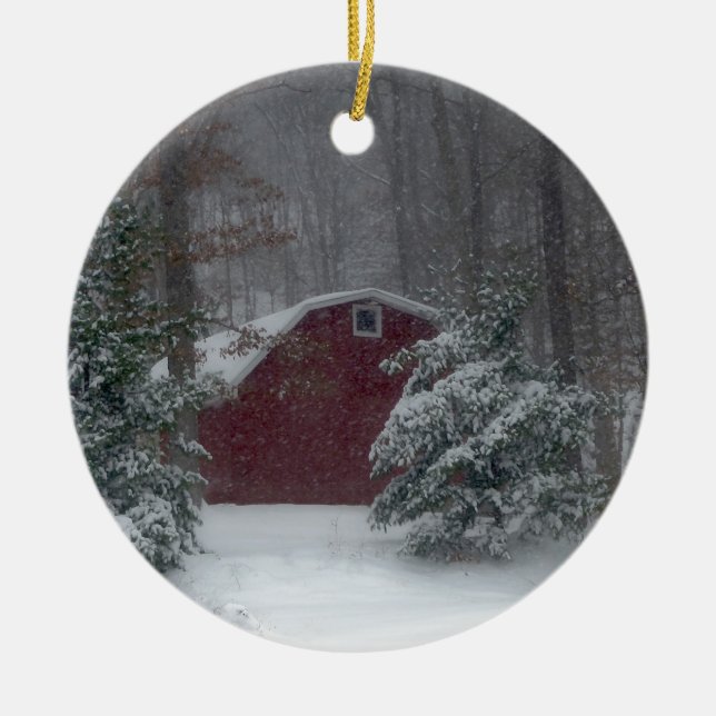 Red Barn in the Snow Ceramic Ornament (Front)