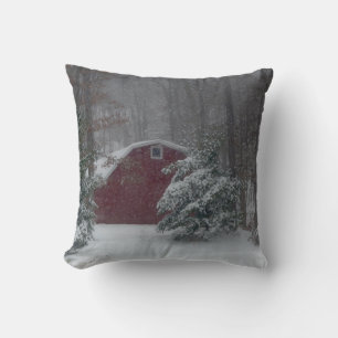 Red Barn in the Snow Pillow