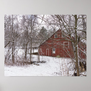 Red Barn In The Snow Poster