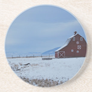 Red Barn in the Winter Rocky Mountains Coaster