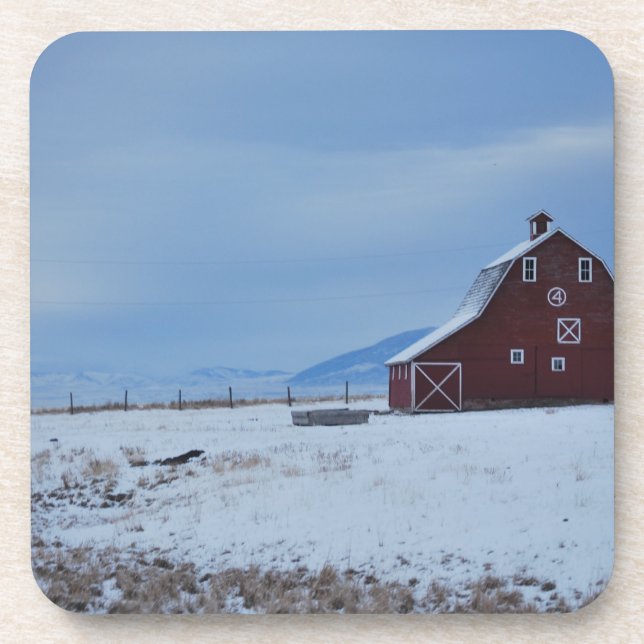 Red Barn in the Winter Rocky Mountains Coaster (Front)