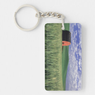 Red barn in wheat & barley field in Whitman 2 Keychain