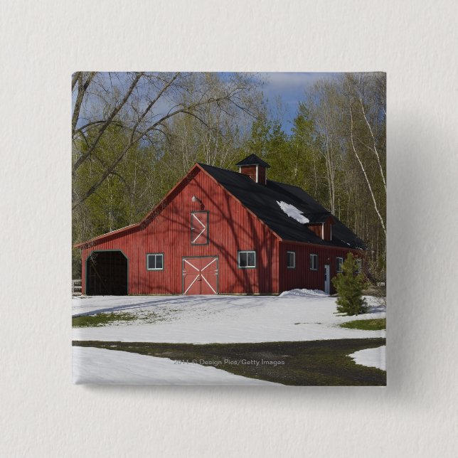 Red Barn In Winter 2 Inch Square Button (Front)