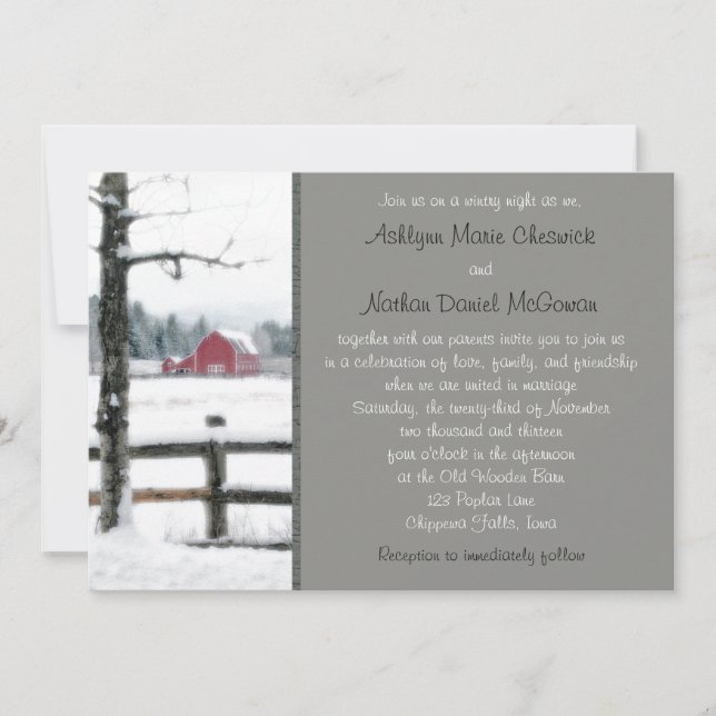 Red Barn in Winter Wedding Invitation (Front)