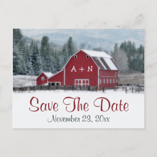 Red Barn in Winter Wedding Save the Date Post Card