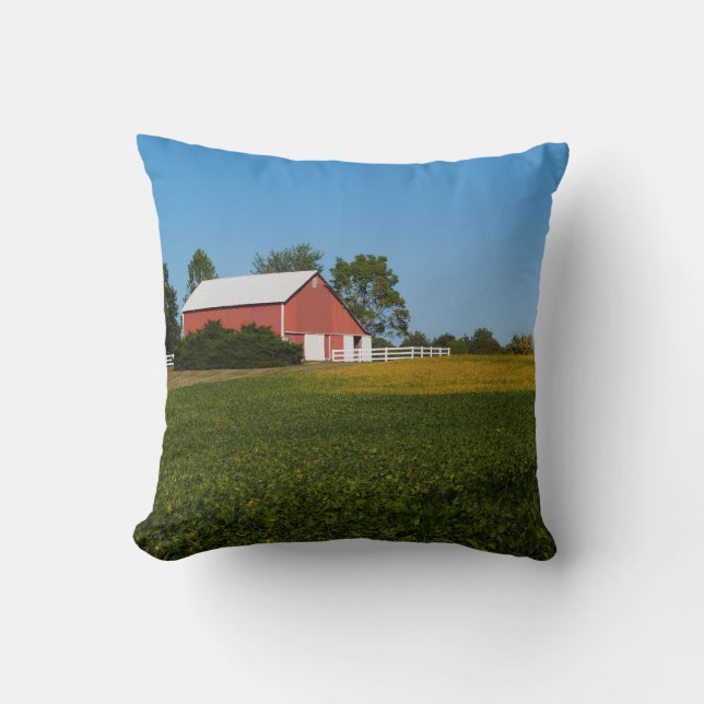 Red Barn next to a Soybean field Pillow (Front)