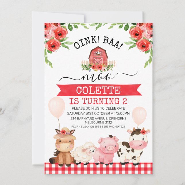Red Barn Oink Baa Moo Farm Animals Birthday Invitation (Front)
