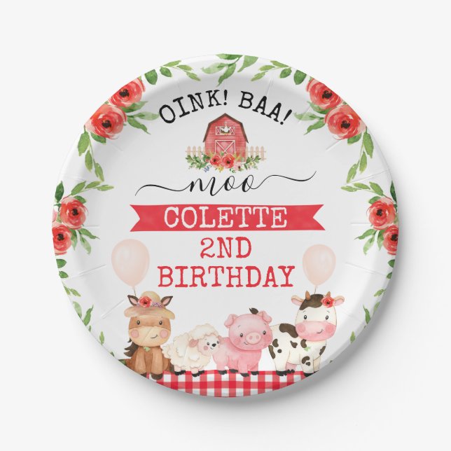 Red Barn Oink Baa Moo Farm Animals Birthday Paper Plate (Front)