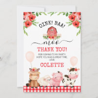 Red Barn Oink Baa Moo Farm Birthday Thank You Card