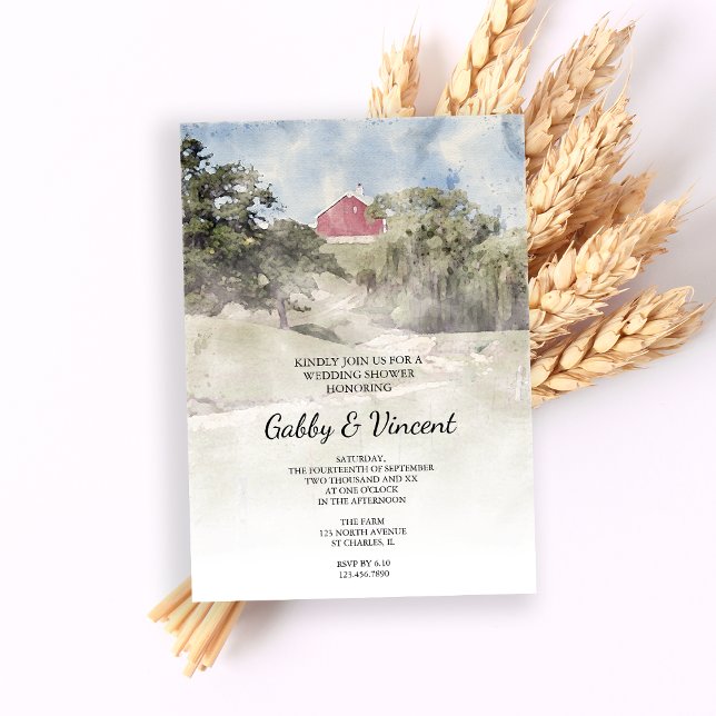 Red Barn on Hill Farm Watercolor Wedding Shower Invitation (Creator Uploaded)