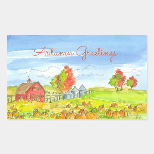 Red Barn Pumpkin Patch Autumn Greetings Sticker (Front)