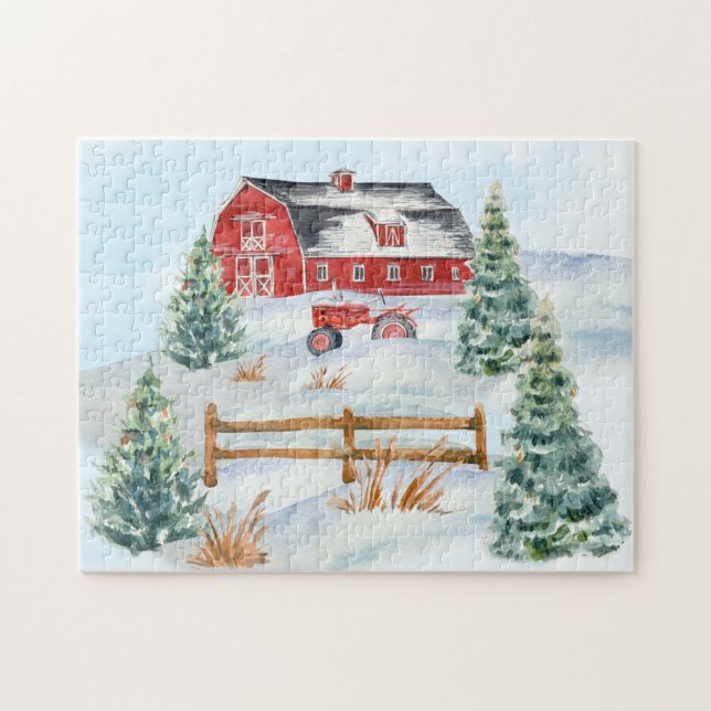 Red Barn, Red Tractor, Snow, Pine Trees Farm Scene Jigsaw Puzzle (Horizontal)