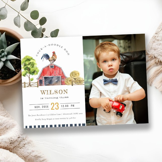 Red Barn Rooster Watercolor Photo Birthday Invite (Creator Uploaded)