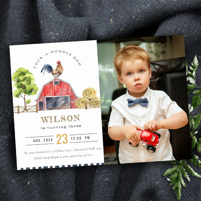 Red Barn Rooster Watercolor Photo Birthday Invite (Creator Uploaded)